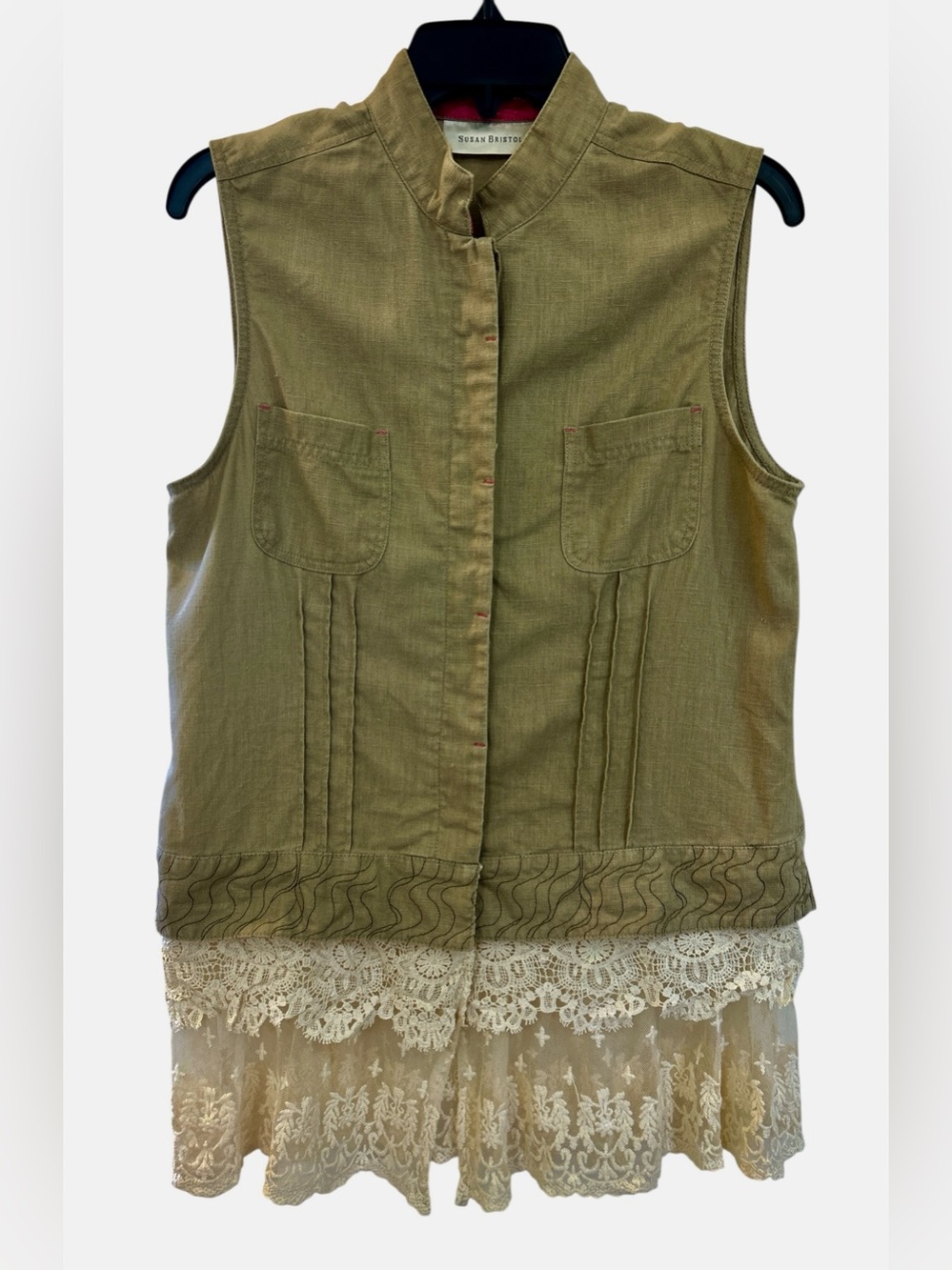 Susan Bristol Mandarin Collar Vest with Layered Lace, Cottagecore, Medium